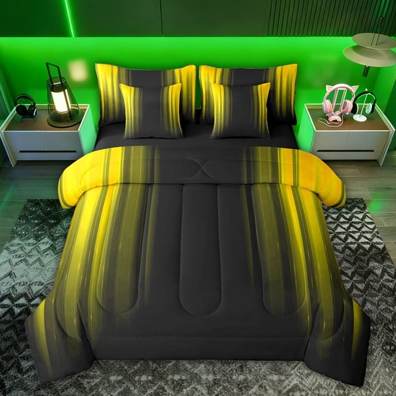Feelyou Yellow Stripes Ombre Bedding Comforter Set 7pcs, Abstract Lines King Bedding Sets