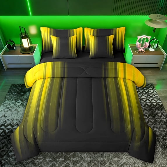 Feelyou Yellow Stripes Ombre Twin Bedding Sets 7pcs, Abstract Lines Bedding Comforter Set