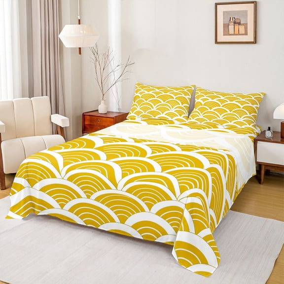 Feelyou Yellow Stripes Teens Full Size Sheets, Abstract Japanese Waves Bed Sheets, Mid Century Fashion Sheet Sets, Minimalst Lightweight Room Decor, 4 Pieces