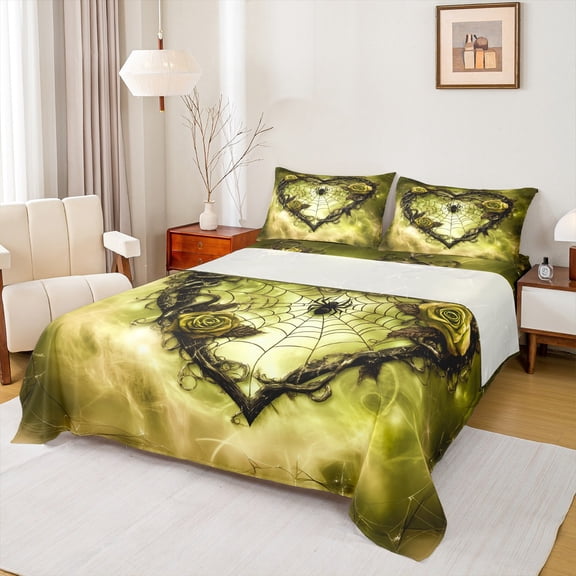 Feelyou Yellow Thorny Rose Bed Sheets for Couple, Gothic Spider Web King Sheets, Romantic Love Heart Sheet Set, Luxury Bedroom Decor, 4 Pieces