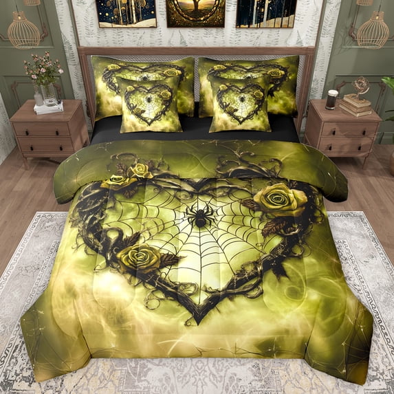 Feelyou Yellow Thorny Rose Bedding Comforter Set 7pcs for Couple, Gothic Spider Web Queen Bedding Sets, Romantic Love Heart Reversible Queen Sheet Sets, Luxury Bedroom Decor
