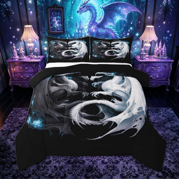 Feelyou Yin Yang Dragon Queen Comforter Set for Boys, Frost Magic Animal Bedding Comforter Set, Black White, Black Reversible, 3-Piece