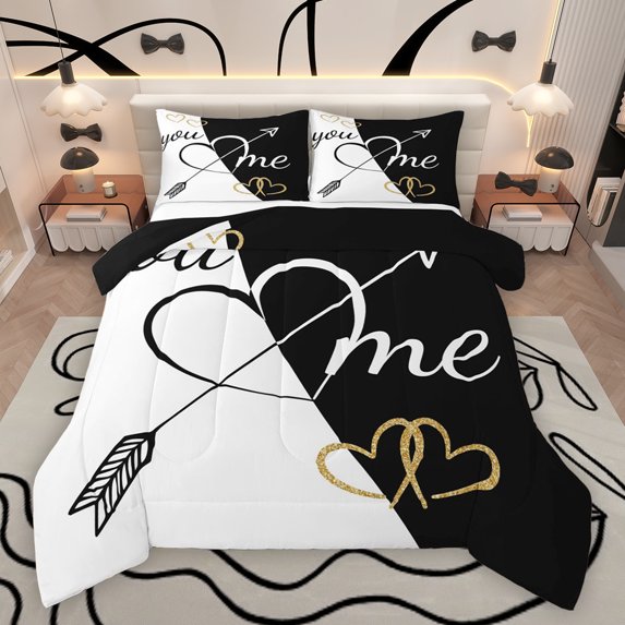 Feelyou You and Me Full Size Comforter Sets for Couple, Romantic Love Heart Bedding Comforter Set, Happy Valentine's Day Reversible Bedding Sets, Breathable Home Decor, 3-Piece
