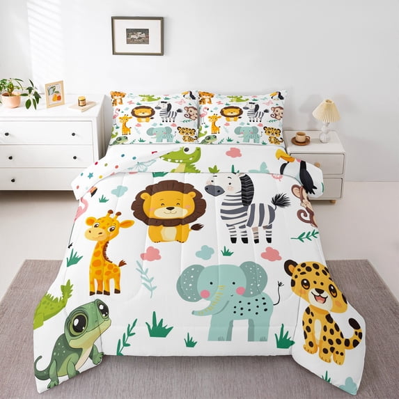 Feelyou Zoon Animal Child Full Size Comforter Sets, Lion Giraffe Elephant Bedding Comforter Set, Jungle Wildlife Reversible Bedding Sets, Breathable Home Decor, 3-Piece
