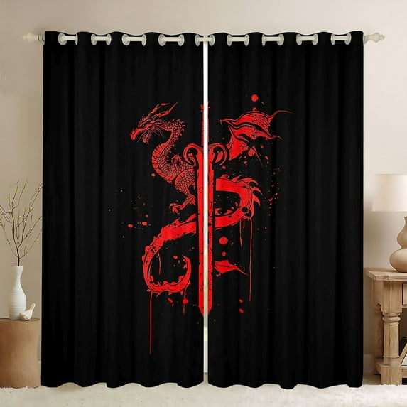 Feelyou cartoon Western Dragon Blackout Curtains Set of 2 (52x84 Each), Red Watercolor Animal Window Curtains, Teens Kids Boys Girls Curtains and Drapes, Curtains and Drapes Decor