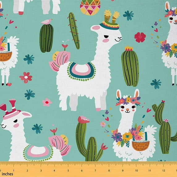 Feelyou kIDS Kawaii Alpaca Fabric by the Yard 3 Yards, Western Cactus Home Decor Fabric by the Yard, Cute Wildlife Sewing Fabric, Lightweight Room Decor