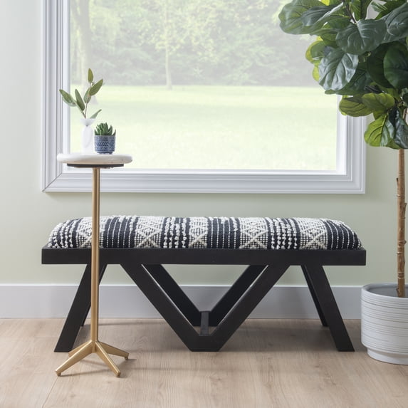 Feeney Upholstered Bench, Black Frame with Black and White Handwoven Geomatric Pattern Fabric