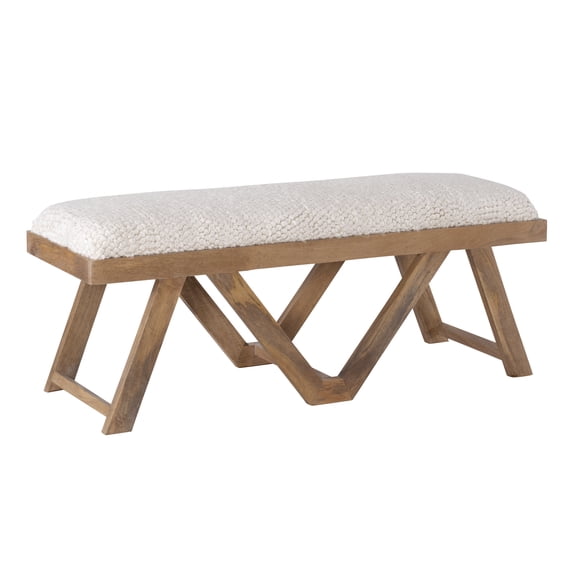 Feeney Upholstered Bench, Brown Frame with Off-White Handwoven Fabric