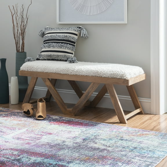 Feeney Upholstered Bench, Brown Frame with Off-White Handwoven Fabric