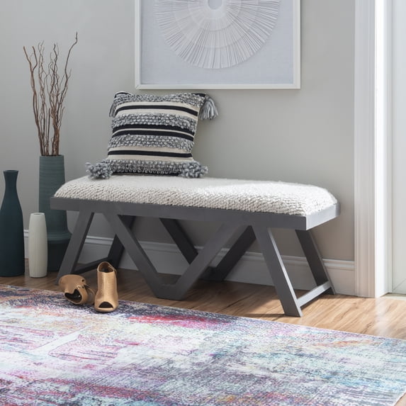 Feeney Upholstered Bench, Gray Frame with Off-White Handwoven Fabric