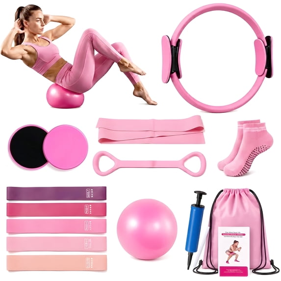 Feeray 14-Piece Yoga Pilates Kit for Women, Home Workout Equipment Set with Pilates Ring, Mini Ball, Sliders & Resistance Bands