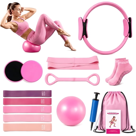 Feeray 14-Piece Yoga Pilates Kit for Women, Home Workout Equipment Set with Pilates Ring, Mini Ball, Sliders & Resistance Bands