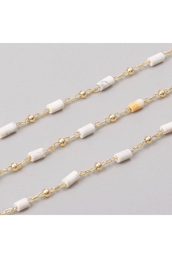 Feet Handmade Natural Howlite Beaded Chains Real 18K Gold Plated Plated Brass Chains Soldered Long-Lasting Plated 4~5x2~2.5mm Beads: 2mm Link: 2x1x0.2mm