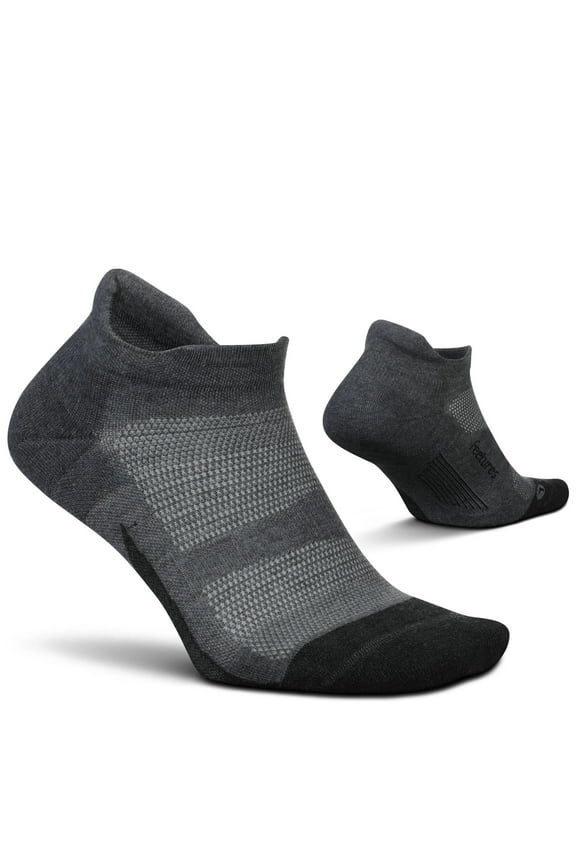 Feetures Elite Max Cushion No Show Tab Ankle Socks - Sport Sock with Targeted Compression - Grey, S (1 Pair)