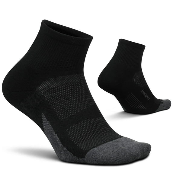 Feetures Elite Max Cushion Quarter Sock- Athletic Running Socks for Men & Women, Targeted Compression, Moisture Wicking - L, Black (1 Pair)
