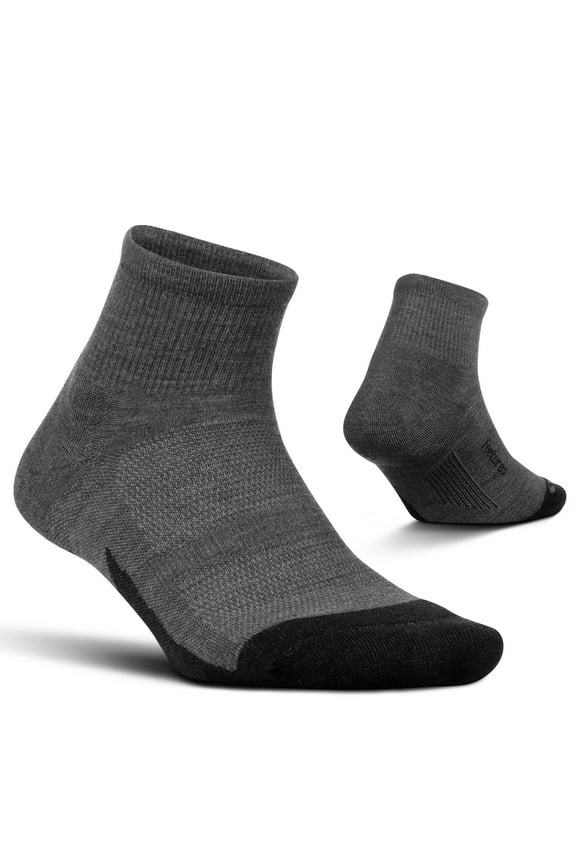 Feetures Merino 10 Cushion Quarter- Wool Athletic Socks for Men & Women, Running & Hiking, Targeted Compression (1 Pair) S, Gray