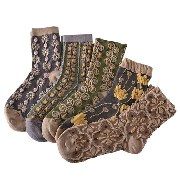 Feetures Socks for Women 5 pairs Popularate Vintage Embroidered Floral Socks Comfortable Mid Calf Brown Womens Socks One Size