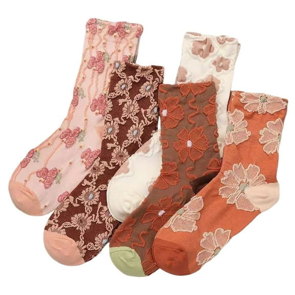 Feetures Socks for Women 5 pairs Popularate Vintage Embroidered Floral Socks Comfortable Mid Calf Orange Women Socks One Size
