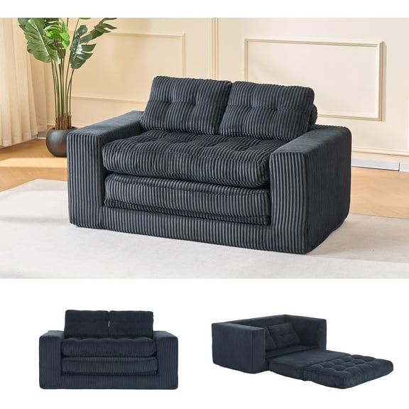 Fefances 55.1”Boneless Sofa Bed, 2-in-1 Convertible Loveseat & Folding Futon Couch, Small Space-Saving Design with Corduroy Fabric, for Living Room, Bedroom, Studio Apartment - Black