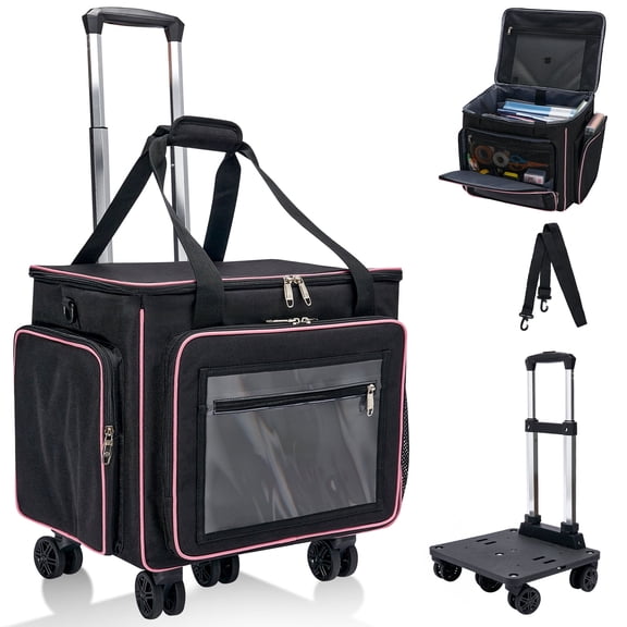 Rolling Craft Bag,Large Rolling Teacher Tote Bag with Laptop Compartment,Detachable Dolly,Roller Scrapbook Tote Bag Sewing Machine Storage Tote for Women,Craft,Teaching,Office, 5 Wheels, 17.3"