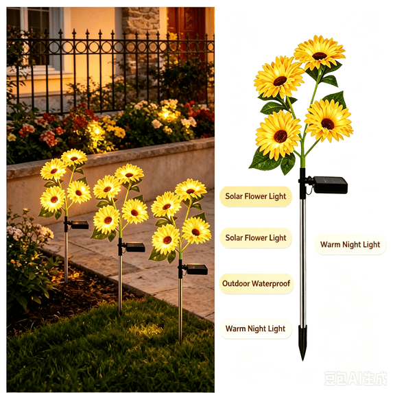 Fegute 69cm Solar Powered Daisy Garden Stake Lights Plastic Outdoor Decorative Landscape Lighting Waterproof Ambient Light for Gardens Patios Courtyards Pathways Yellow,