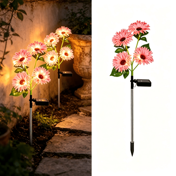 Fegute 69cm Solar Powered Daisy Garden Stake Lights Plastic Outdoor Decorative Landscape Lighting Waterproof Ambient Light for Gardens Patios Courtyards Pathways Pink,