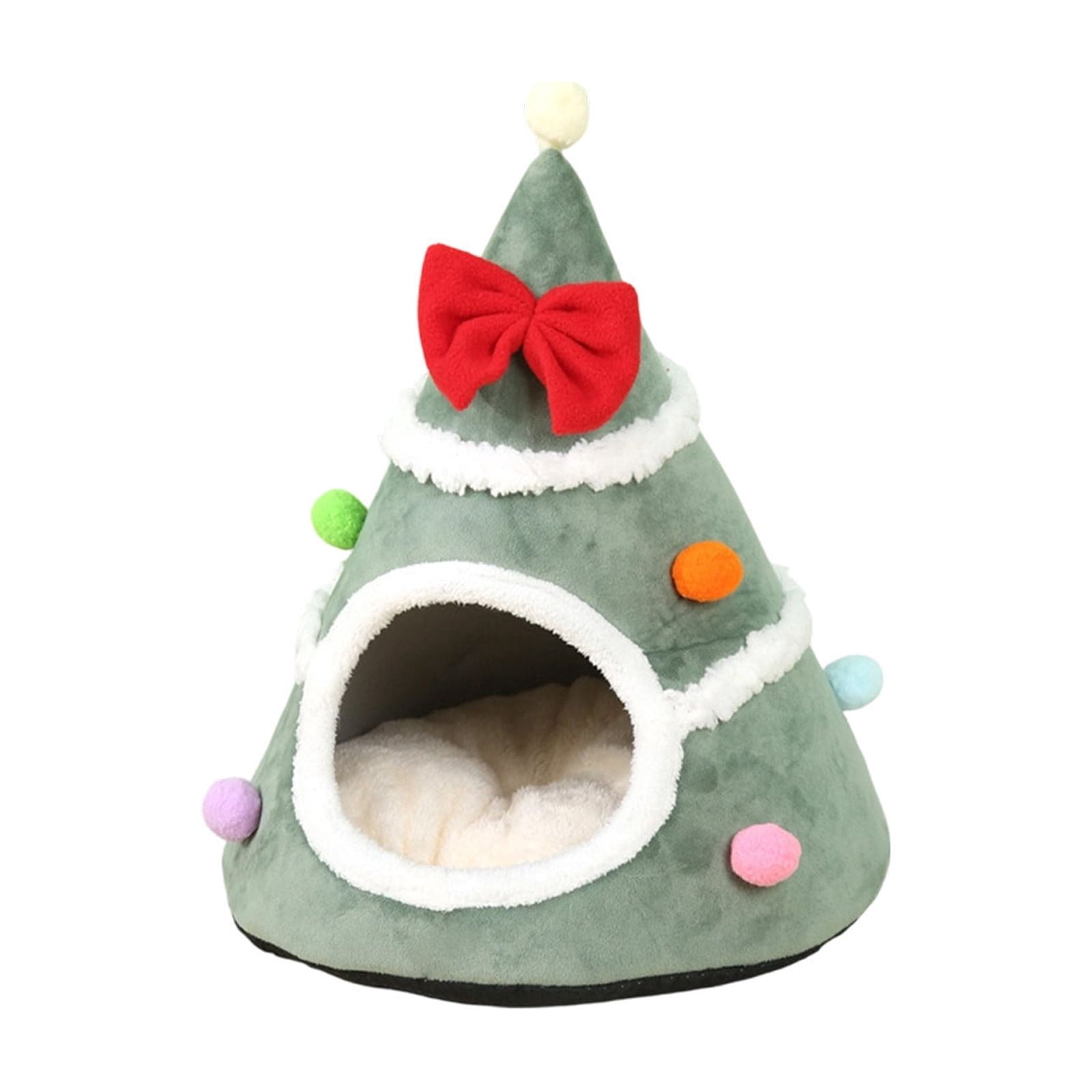 Fegute Christmas Tree Cat Bed Crystal Velvet Cozy Hideout With Bow Soft ...