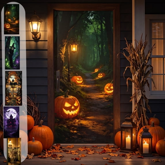 Fegute Halloween Door Cover 100% Polyester Door Curtain Festive Party Decoration Multicolor 35 x 71 In Suitable for Indoor Outdoor Events Enhance Holiday Atmosphere