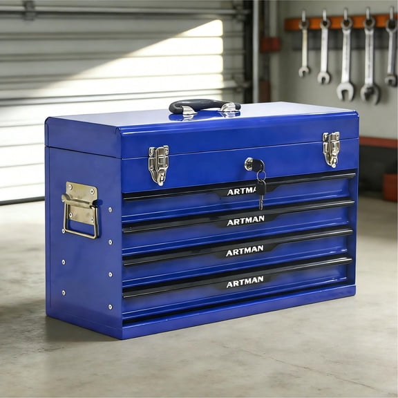 Fehomix 20 Inch Portable Tool Box with 3 Drawers & Lock, Metal Tool Chest Organizer with Ball Bearing Slides, Top Tray, Powder Coated Steel Tool Storage for Garage, Workshop, Mechanic, Blue