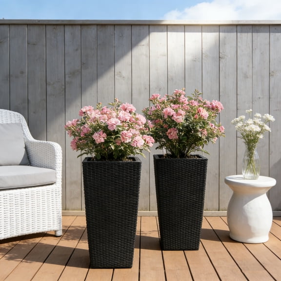 Fehomix 22 Inch Self-Watering Square Planter (2 Pack) - Modern Black Faux Rattan Indoor Outdoor Plant Pots with Automatic Irrigation System for Patio, Garden, Porch & Home Décor