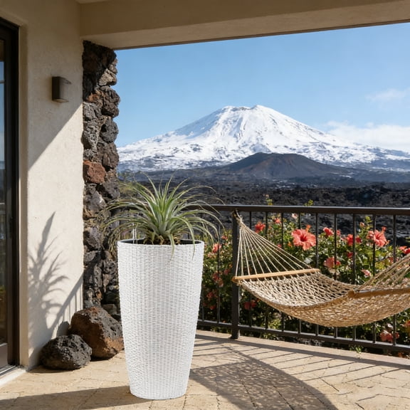 Fehomix 22 Inch Tall Planters Set of 2, Self-Watering Faux Rattan Outdoor Planters with Water Level Monitor & Drainage, Large Flower Pots for Patio Porch Backyard Indoor Decor (White)