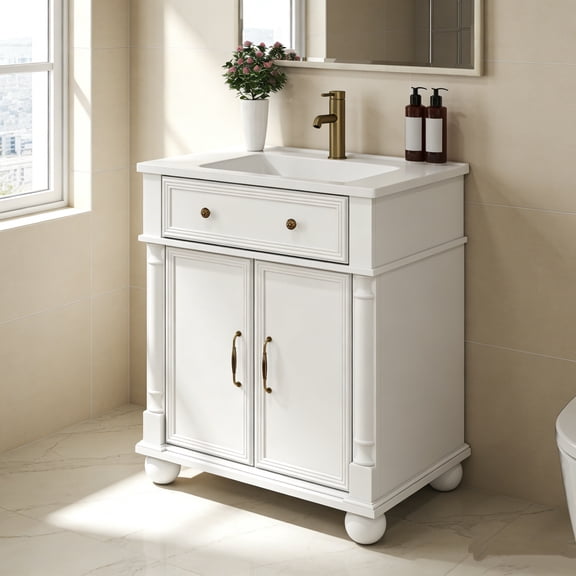 Fehomix 28 Inch Bathroom Vanity with Sink, Small Freestanding Vanity Cabinet with Roman Column Base & Storage, White Mid-Century Modern Farmhouse Ceramic Sink Vanity for Apartment Bathroom