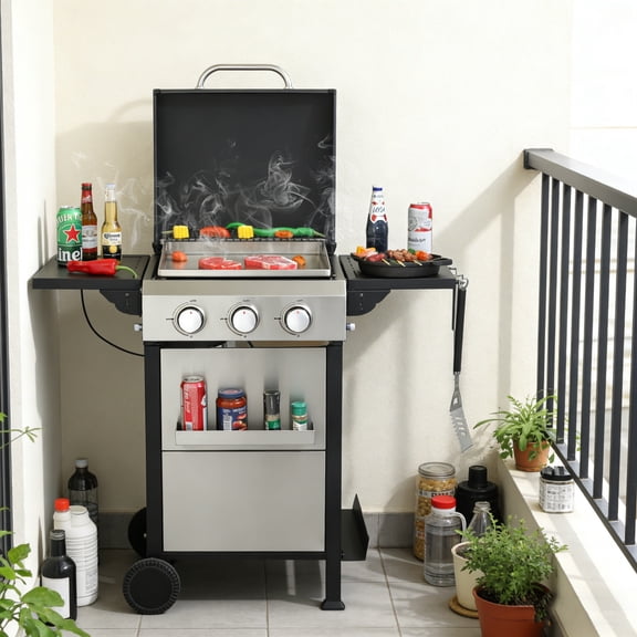 Fehomix 3-Burner Propane Gas Grill, 36900 BTU Stainless Steel BBQ with Foldable Side Table & Hanging Basket, Outdoor Barbecue Grill for Patio, Backyard