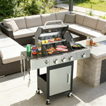 Fehomix 3-Burner Propane Gas Grill with Side Burner, 37230 BTU Stainless Steel Cabinet BBQ Grill, Enamel Firebox & Easy Ignition for Large Backyard Gatherings