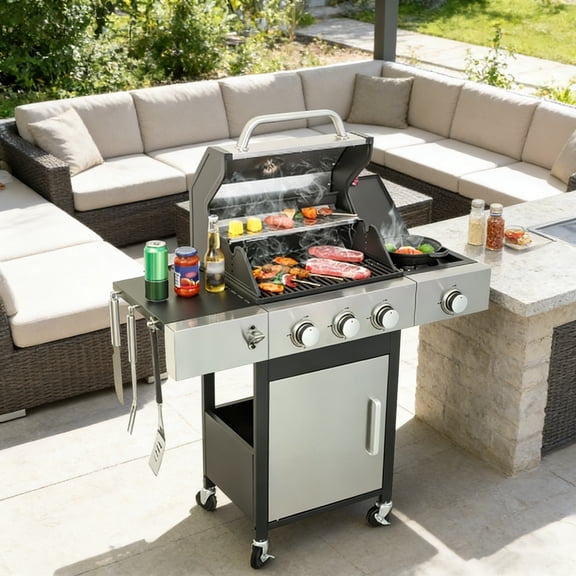 Fehomix 3-Burner Propane Gas Grill with Side Burner, 37230 BTU Stainless Steel Cabinet BBQ Grill, Enamel Firebox & Easy Ignition for Large Backyard Gatherings