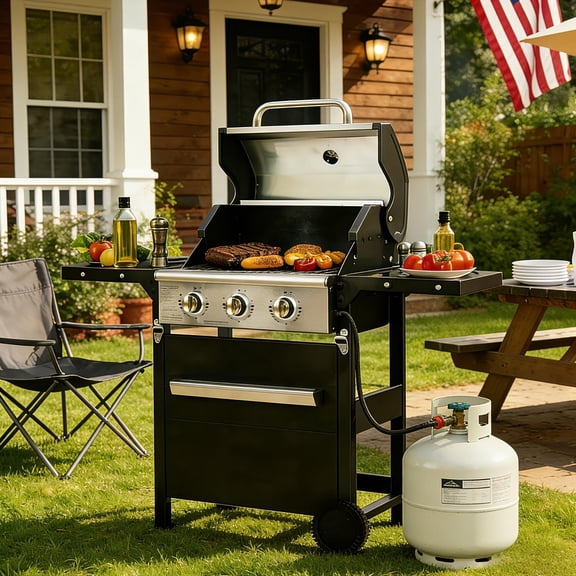 Fehomix 3 Burner Propane Gas Grill, Stainless Steel BBQ Grill with Built-in Thermometer & Electronic Ignition, 26,000 BTU Outdoor Patio Garden Grill with Two Foldable Side Shelves