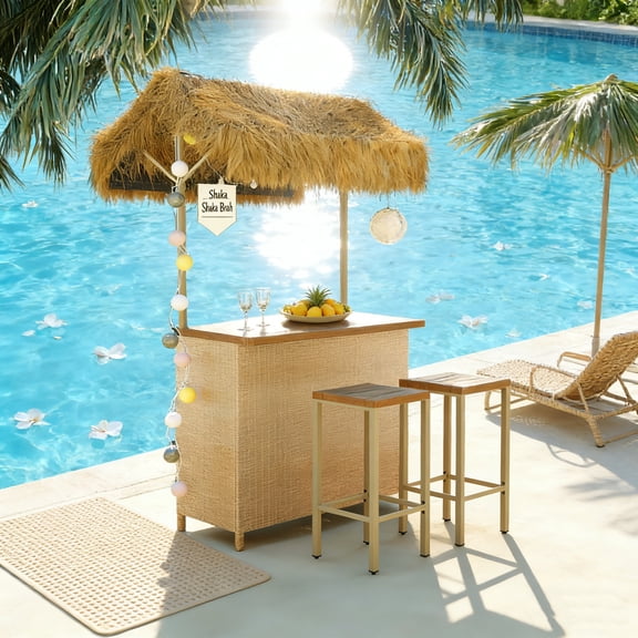 Fehomix 3-Piece Hawaiian Style Outdoor Bar Set with PE Grass Canopy, Acacia Wood Bar Table & 2 Stools, Adjustable Feet for Patio Poolside Backyard, Tiki Bar Set for Tropical Dining
