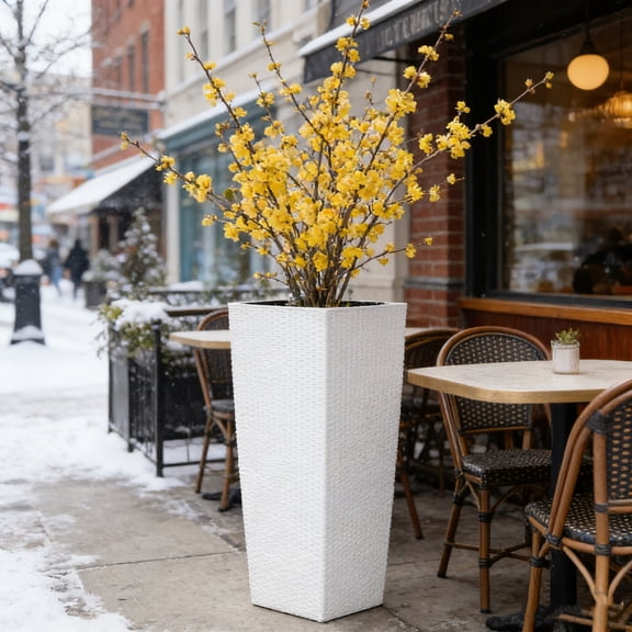 Fehomix 30 Inch Self-Watering Planters Outdoor Indoor, Large Tall Flower Pot with Drainage Holes & Water Level Gauge, Weather-Resistant Faux Rattan Planter for Patio Garden, Porch, Backyard, White