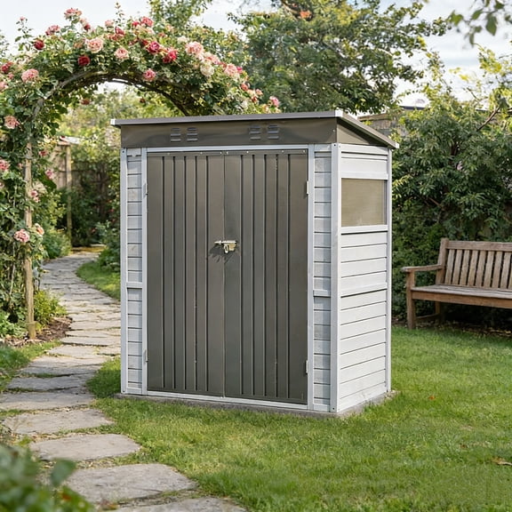 Fehomix 3x5 FT Outdoor Storage Shed, Iron-Wood Combination Tool Shed with Windows, All-Weather Garden Shed for Lawn Tools, Bike & Patio Furniture Storage - Easy Assembly