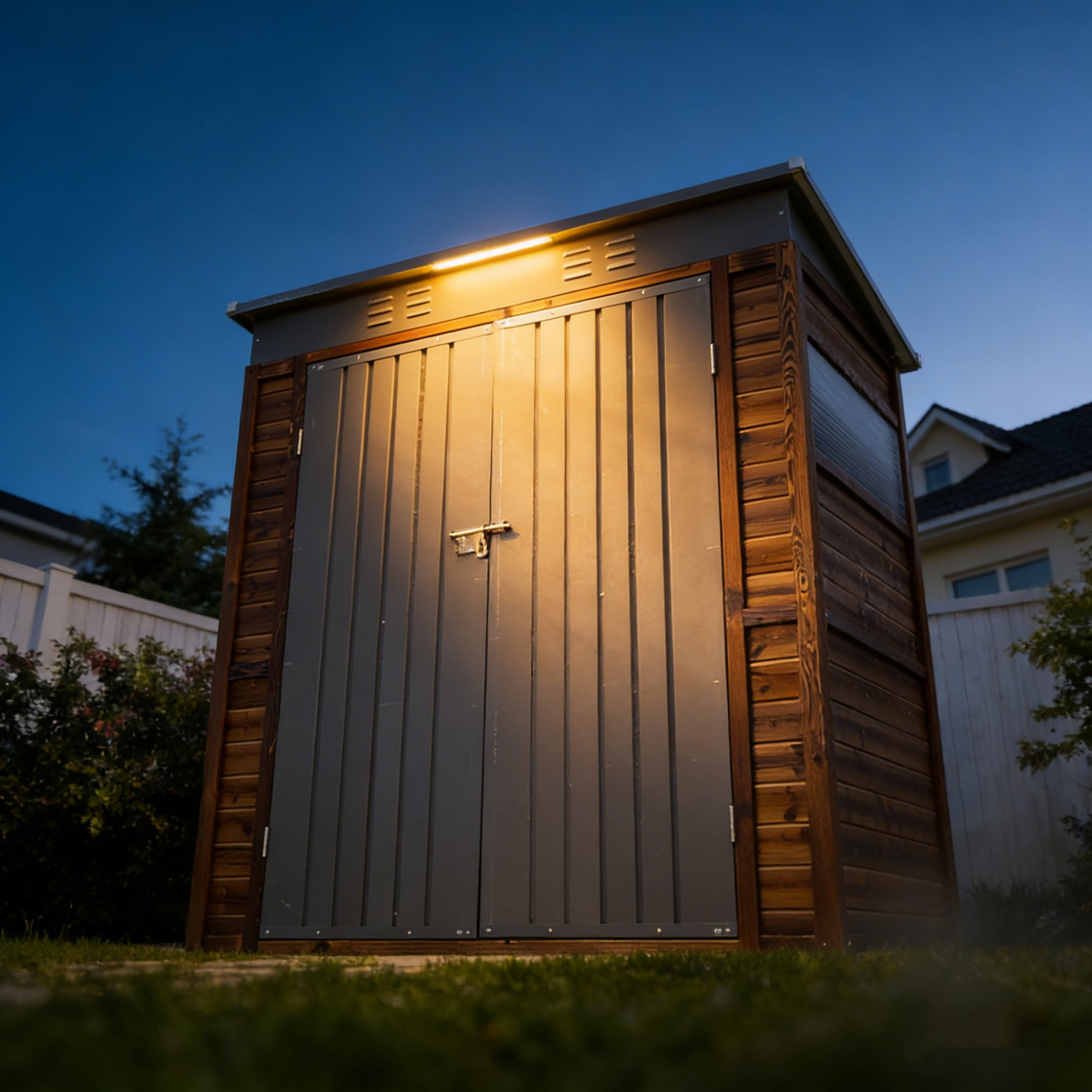 Fehomix 3x5 FT Outdoor Storage Shed, Metal and Wood Tool Shed with Wide Iron Doors & Windows, Weatherproof Garden Shed for Backyard, Lawn Mower & Large Equipment Storage