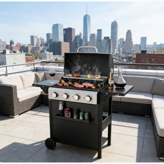 Fehomix 4-Burner Propane Gas Grill, 34200 BTU Stainless Steel BBQ with Foldable Side Table & Hanging Basket, Outdoor Barbecue Grill for Patio, Backyard