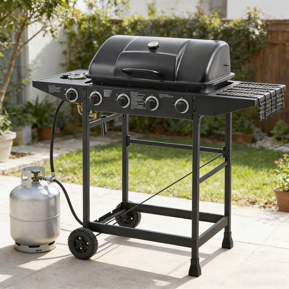 Fehomix 4 Burner Propane Gas Grill with Side Burner, 42000 BTU Stainless Steel BBQ Grill for Outdoor Cooking, 534 Sq.In Enameled Cast Iron Grates & Warming Rack for Backyard, Patio