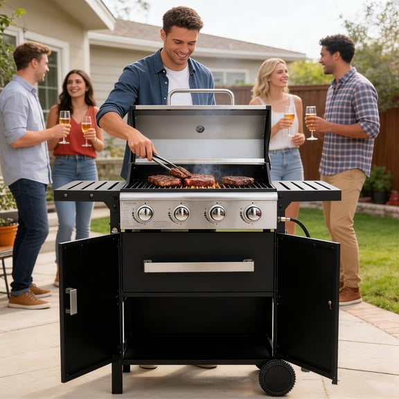 Fehomix 4-Burner Propane Gas Grill with Storage Cabinet & Side Shelves, Outdoor BBQ Grill with Stainless Steel Lid, Pull-Out Grease Tray and Large Wheels for Patio Backyard