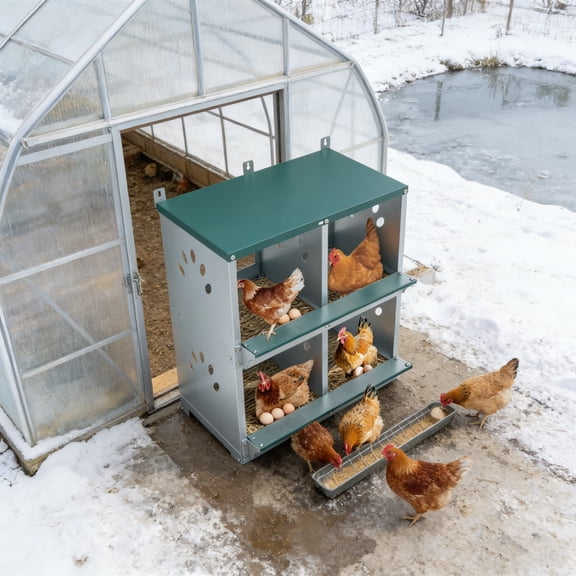 Fehomix 4 Hole Chicken Nesting Box, Galvanised Steel Wall Mount Hen Nest Box with Automatic Rollout Egg Collection & Vented Design, Easy to Clean & Assemble for Chicken Coop