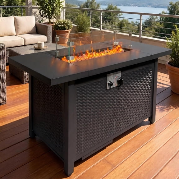 Fehomix 43-Inch Propane Fire Pit Table, 50,000 BTU CSA Certified Outdoor Firepit with Volcanic Rocks & Glass Wind Guard, Patio Heater and Dining Table for Deck, Backyard, Garden