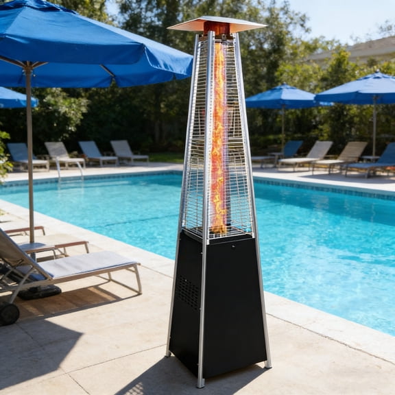 Fehomix 48,000 BTU Pyramid Patio Heater with Wheels & Cover, Outdoor Propane Heater with Glass Flame Tube, Tilt Safety Shut-Off for Garden/Poolside/Commercial Use