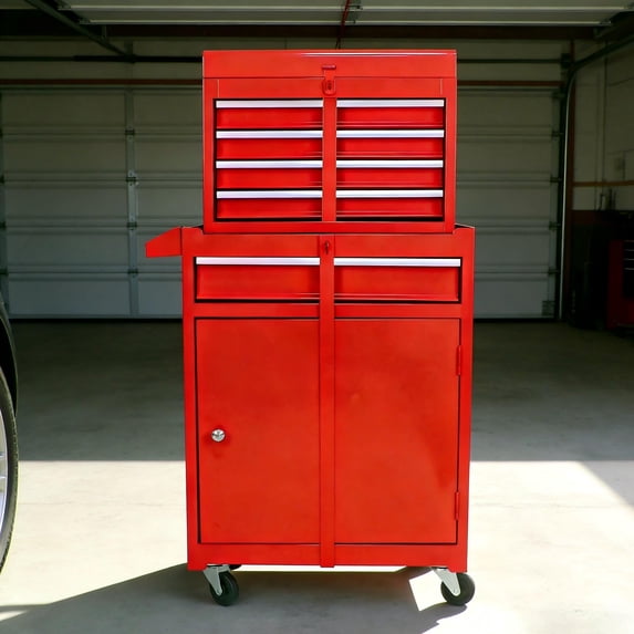 Fehomix 5-Drawer Rolling Tool Chest with Lockable Wheels, Sliding Drawers & Detachable Top Box, Heavy Duty Steel Tool Storage Cabinet Organizer for Garage Workshop, Red
