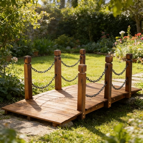 Fehomix 5 FT Wooden Garden Bridge, Arc Footbridge with Chain Railings & Reinforced Structure, 400 lbs Capacity, Weather-Resistant Stained Fir Wood for Backyard, Pond, Creek, Easy Assembly (Brown)