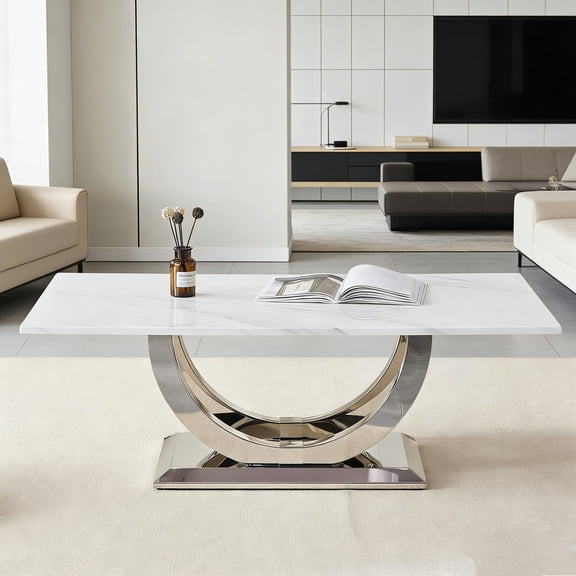 Fehomix 50.4 Inch Modern Rectangular Coffee Table with Marble Pattern Top & Silver Metal Base, Industrial Minimalist Living Room Center Table, Easy Assembly Sturdy Design
