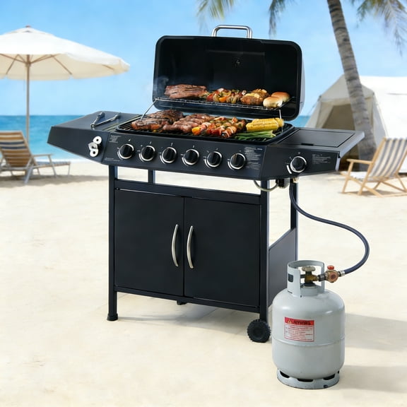 Fehomix 6 Burner Propane Gas Grill with Side Burner, 59000 BTU Stainless Steel BBQ Grill for Outdoor Cooking, 576Sq.In Enameled Cast Iron Grates & Warming Rack for Backyard, Patio